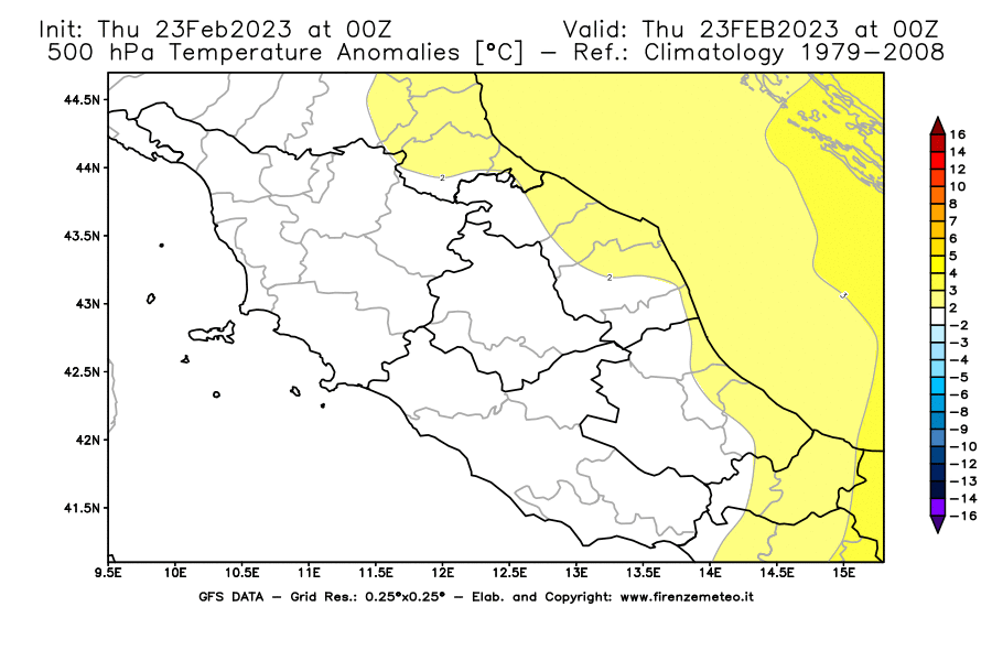 Mappa di analisi GFS - Anomalia Temperatura [°C] a 500 hPa in Centro-Italia
							del 23/02/2023 00 <!--googleoff: index-->UTC<!--googleon: index-->