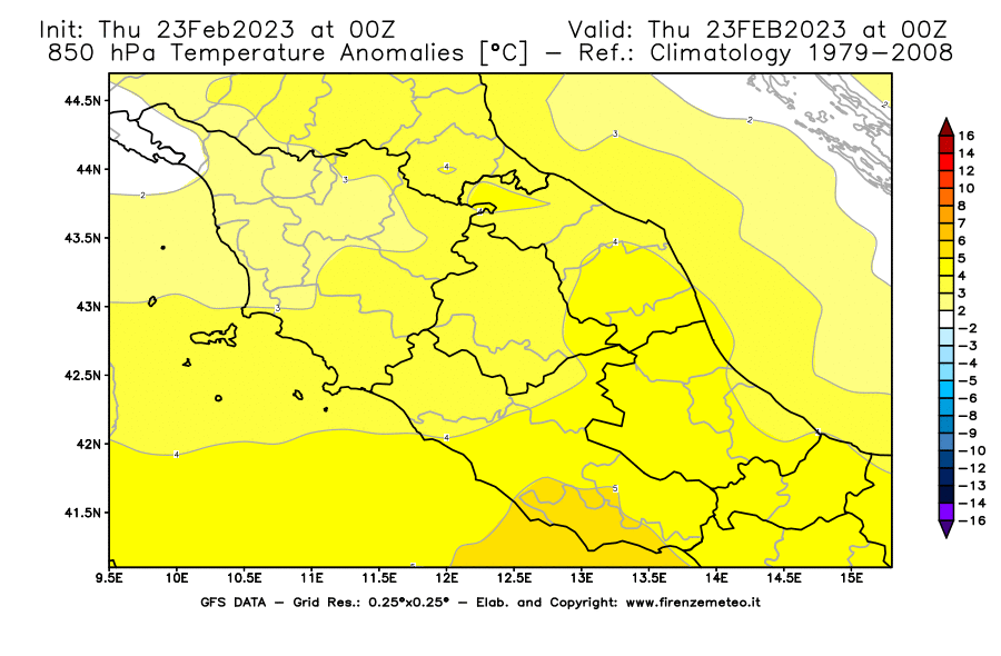 Mappa di analisi GFS - Anomalia Temperatura [°C] a 850 hPa in Centro-Italia
							del 23/02/2023 00 <!--googleoff: index-->UTC<!--googleon: index-->