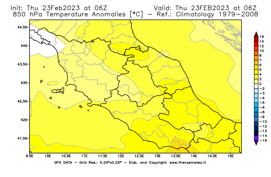 Mappa di analisi GFS - Anomalia Temperatura [°C] a 850 hPa in Centro-Italia
							del 23/02/2023 06 <!--googleoff: index-->UTC<!--googleon: index-->
