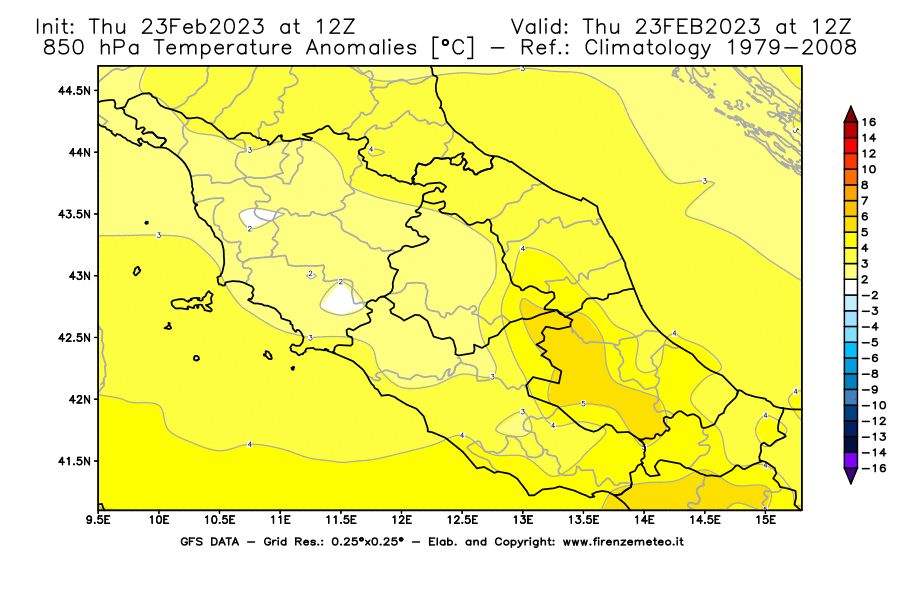 Mappa di analisi GFS - Anomalia Temperatura [°C] a 850 hPa in Centro-Italia
							del 23/02/2023 12 <!--googleoff: index-->UTC<!--googleon: index-->