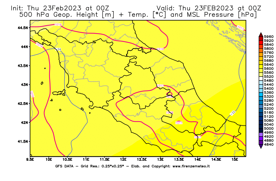 Mappa di analisi GFS - Geopotenziale [m] + Temp. [°C] a 500 hPa + Press. a livello del mare [hPa] in Centro-Italia
							del 23/02/2023 00 <!--googleoff: index-->UTC<!--googleon: index-->