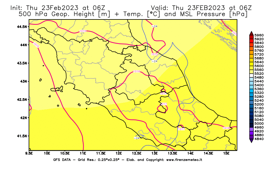 Mappa di analisi GFS - Geopotenziale [m] + Temp. [°C] a 500 hPa + Press. a livello del mare [hPa] in Centro-Italia
							del 23/02/2023 06 <!--googleoff: index-->UTC<!--googleon: index-->
