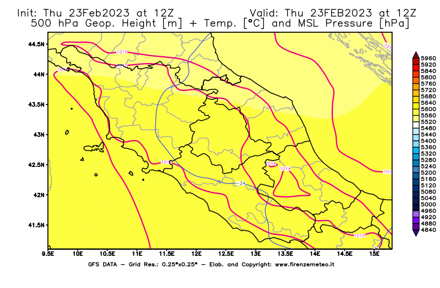 Mappa di analisi GFS - Geopotenziale [m] + Temp. [°C] a 500 hPa + Press. a livello del mare [hPa] in Centro-Italia
							del 23/02/2023 12 <!--googleoff: index-->UTC<!--googleon: index-->