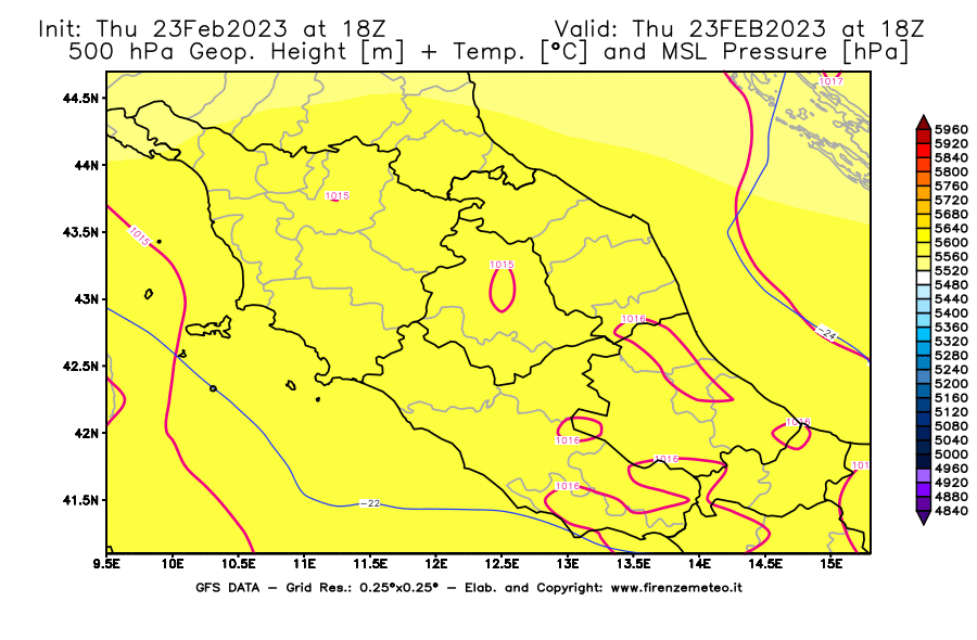 Mappa di analisi GFS - Geopotenziale [m] + Temp. [°C] a 500 hPa + Press. a livello del mare [hPa] in Centro-Italia
							del 23/02/2023 18 <!--googleoff: index-->UTC<!--googleon: index-->