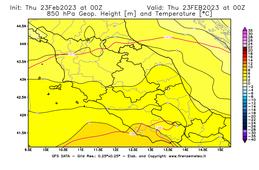 Mappa di analisi GFS - Geopotenziale [m] e Temperatura [°C] a 850 hPa in Centro-Italia
							del 23/02/2023 00 <!--googleoff: index-->UTC<!--googleon: index-->