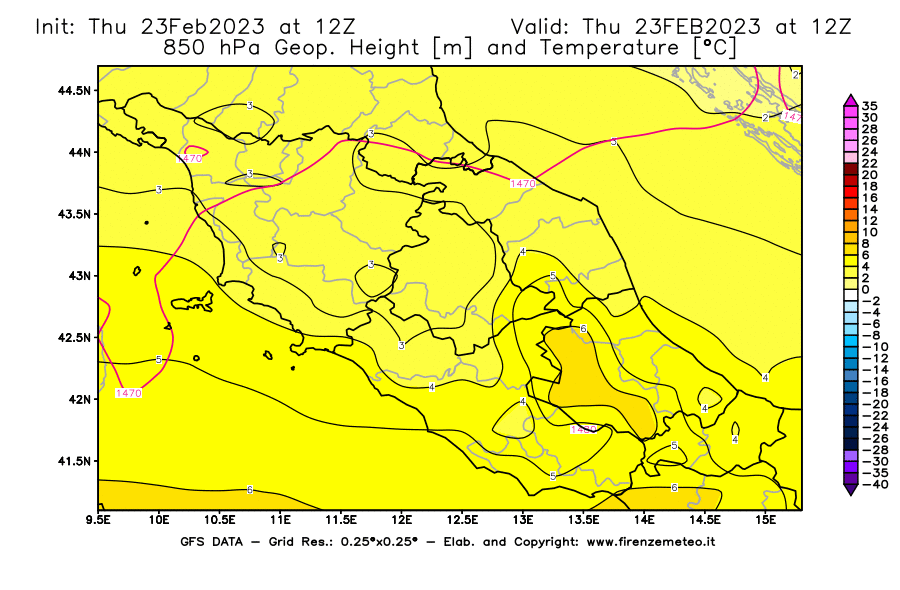 Mappa di analisi GFS - Geopotenziale [m] e Temperatura [°C] a 850 hPa in Centro-Italia
							del 23/02/2023 12 <!--googleoff: index-->UTC<!--googleon: index-->