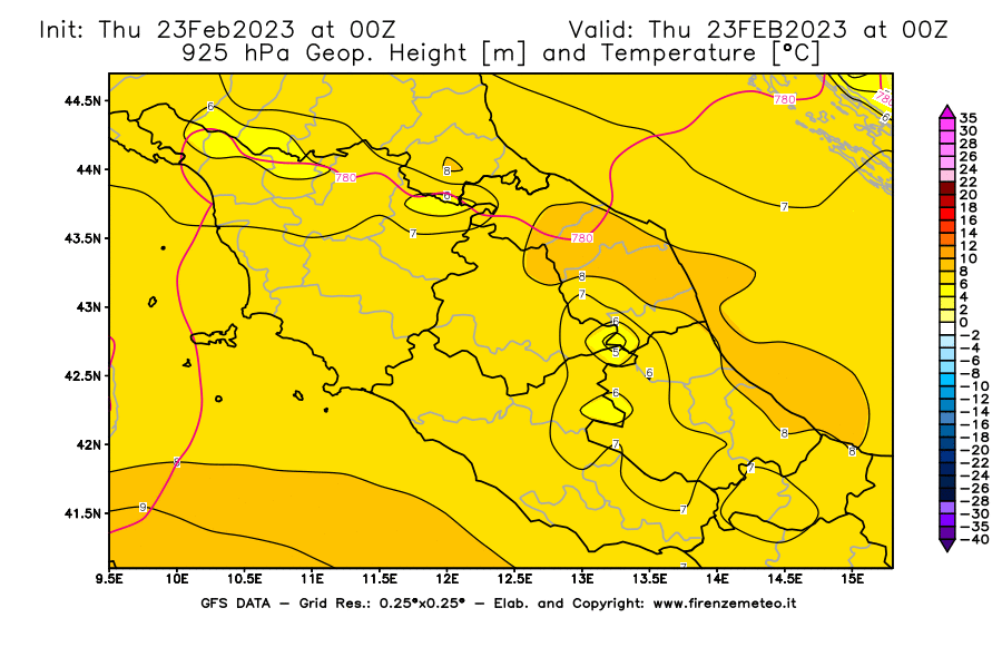 Mappa di analisi GFS - Geopotenziale [m] e Temperatura [°C] a 925 hPa in Centro-Italia
							del 23/02/2023 00 <!--googleoff: index-->UTC<!--googleon: index-->