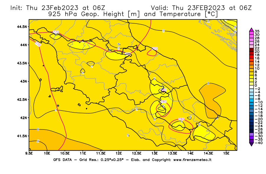 Mappa di analisi GFS - Geopotenziale [m] e Temperatura [°C] a 925 hPa in Centro-Italia
							del 23/02/2023 06 <!--googleoff: index-->UTC<!--googleon: index-->
