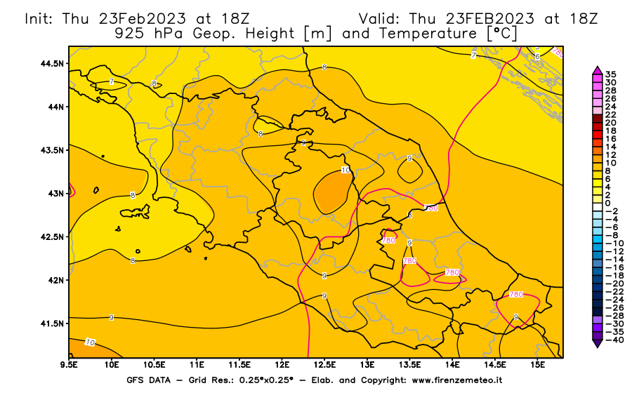 Mappa di analisi GFS - Geopotenziale [m] e Temperatura [°C] a 925 hPa in Centro-Italia
							del 23/02/2023 18 <!--googleoff: index-->UTC<!--googleon: index-->