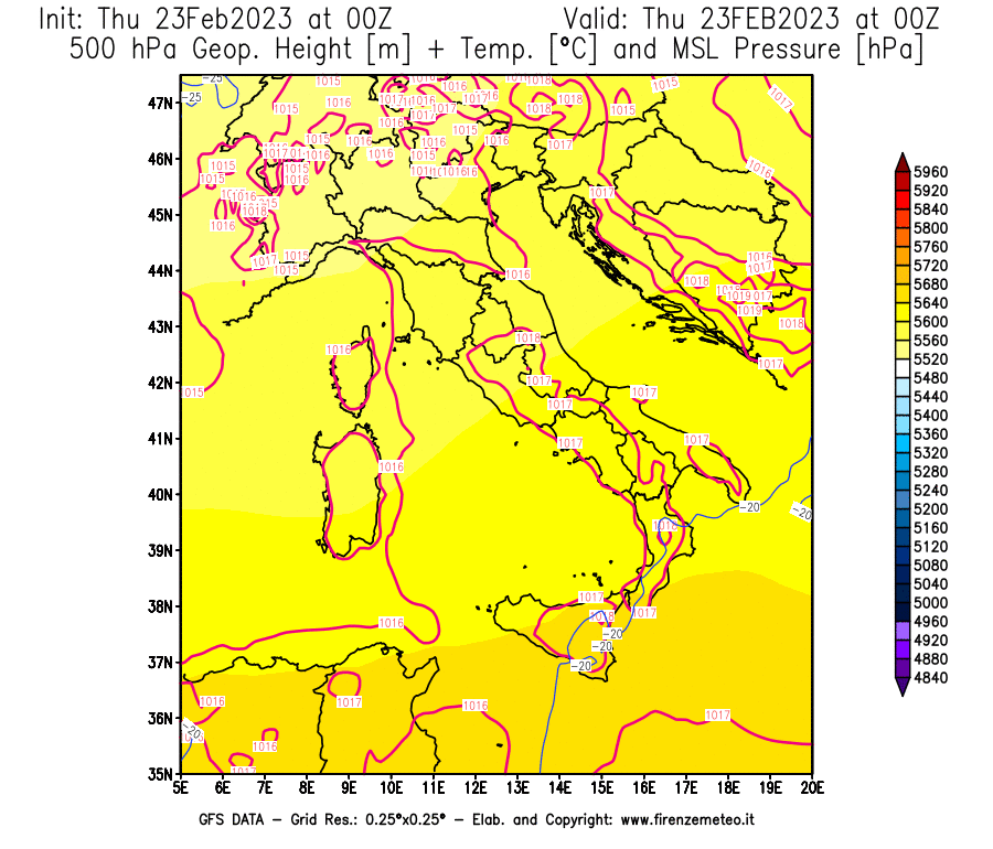 Mappa di analisi GFS - Geopotenziale [m] + Temp. [°C] a 500 hPa + Press. a livello del mare [hPa] in Italia
							del 23/02/2023 00 <!--googleoff: index-->UTC<!--googleon: index-->