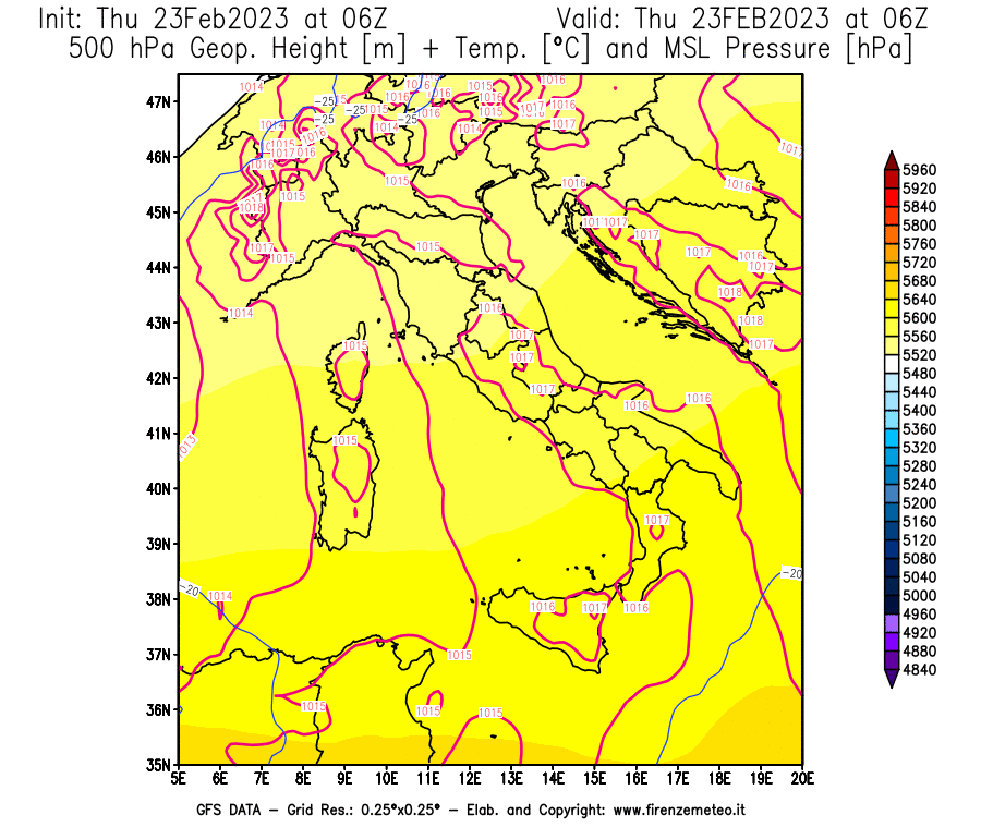 Mappa di analisi GFS - Geopotenziale [m] + Temp. [°C] a 500 hPa + Press. a livello del mare [hPa] in Italia
							del 23/02/2023 06 <!--googleoff: index-->UTC<!--googleon: index-->