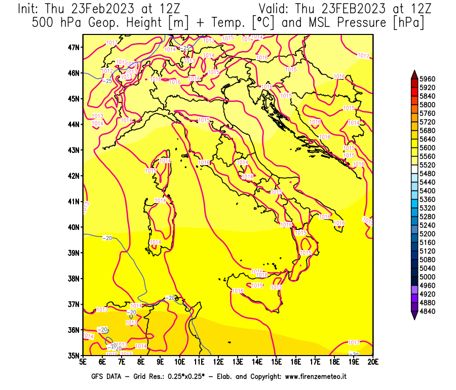 Mappa di analisi GFS - Geopotenziale [m] + Temp. [°C] a 500 hPa + Press. a livello del mare [hPa] in Italia
							del 23/02/2023 12 <!--googleoff: index-->UTC<!--googleon: index-->