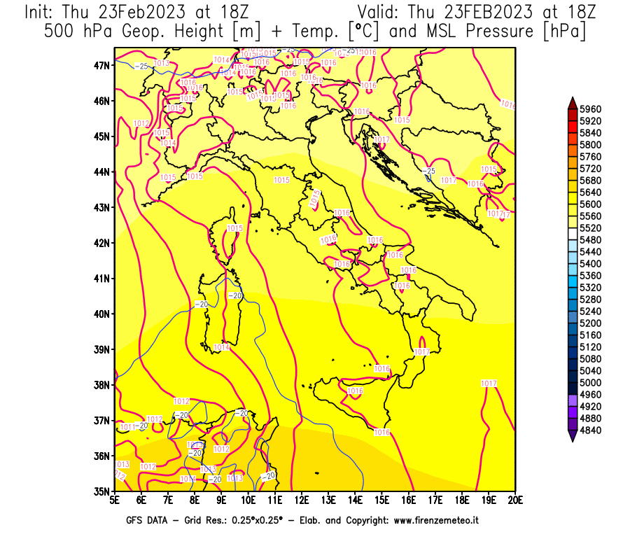 Mappa di analisi GFS - Geopotenziale [m] + Temp. [°C] a 500 hPa + Press. a livello del mare [hPa] in Italia
							del 23/02/2023 18 <!--googleoff: index-->UTC<!--googleon: index-->