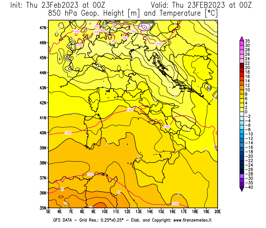 Mappa di analisi GFS - Geopotenziale [m] e Temperatura [°C] a 850 hPa in Italia
							del 23/02/2023 00 <!--googleoff: index-->UTC<!--googleon: index-->