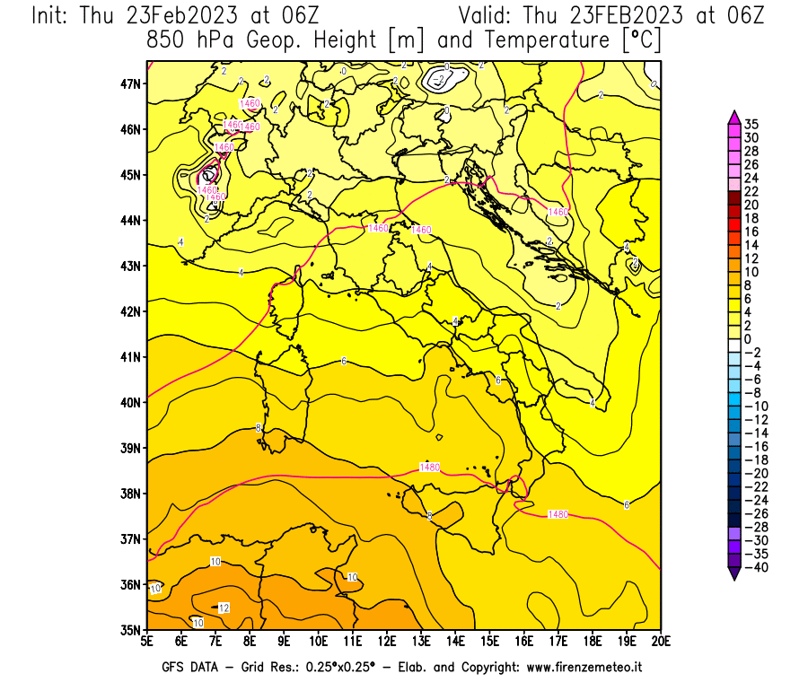 Mappa di analisi GFS - Geopotenziale [m] e Temperatura [°C] a 850 hPa in Italia
							del 23/02/2023 06 <!--googleoff: index-->UTC<!--googleon: index-->