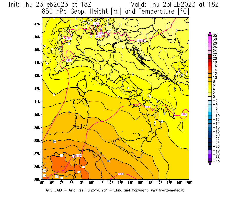 Mappa di analisi GFS - Geopotenziale [m] e Temperatura [°C] a 850 hPa in Italia
							del 23/02/2023 18 <!--googleoff: index-->UTC<!--googleon: index-->