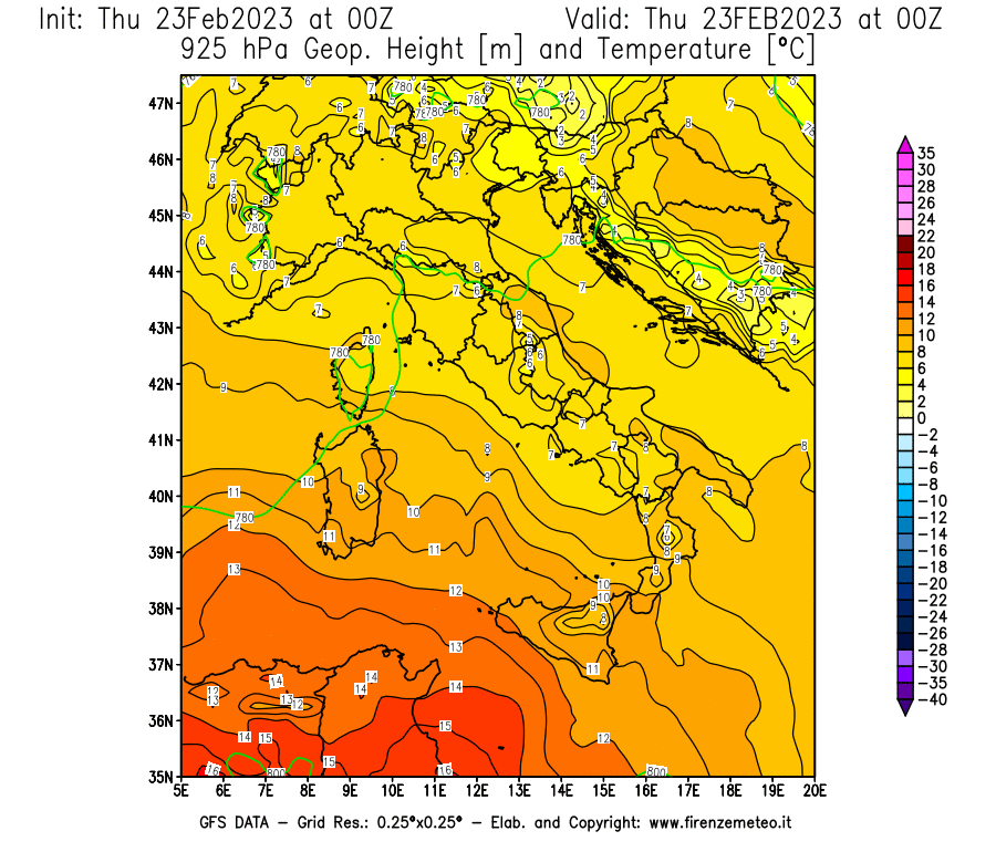 Mappa di analisi GFS - Geopotenziale [m] e Temperatura [°C] a 925 hPa in Italia
							del 23/02/2023 00 <!--googleoff: index-->UTC<!--googleon: index-->