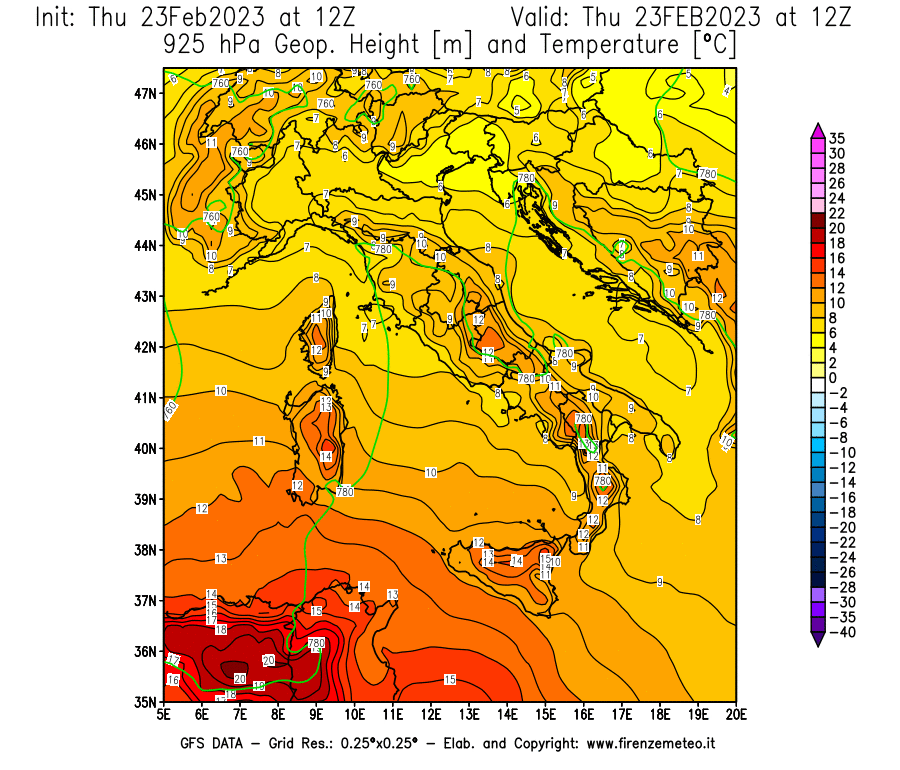 Mappa di analisi GFS - Geopotenziale [m] e Temperatura [°C] a 925 hPa in Italia
							del 23/02/2023 12 <!--googleoff: index-->UTC<!--googleon: index-->