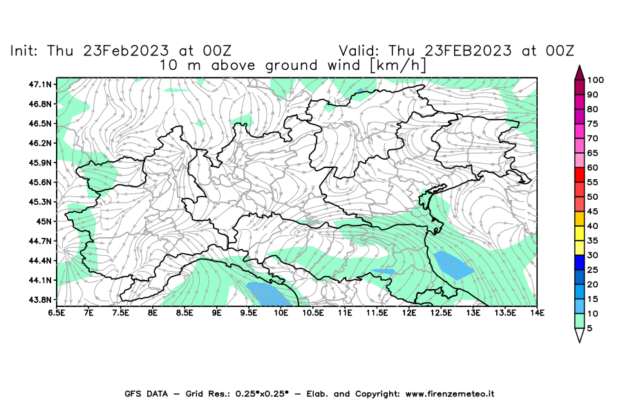 Mappa di analisi GFS - Velocità del vento a 10 metri dal suolo [km/h] in Nord-Italia
							del 23/02/2023 00 <!--googleoff: index-->UTC<!--googleon: index-->