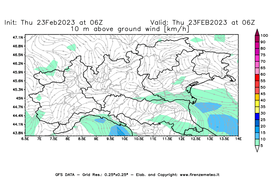 Mappa di analisi GFS - Velocità del vento a 10 metri dal suolo [km/h] in Nord-Italia
							del 23/02/2023 06 <!--googleoff: index-->UTC<!--googleon: index-->