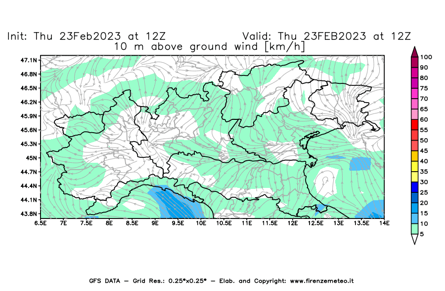 Mappa di analisi GFS - Velocità del vento a 10 metri dal suolo [km/h] in Nord-Italia
							del 23/02/2023 12 <!--googleoff: index-->UTC<!--googleon: index-->