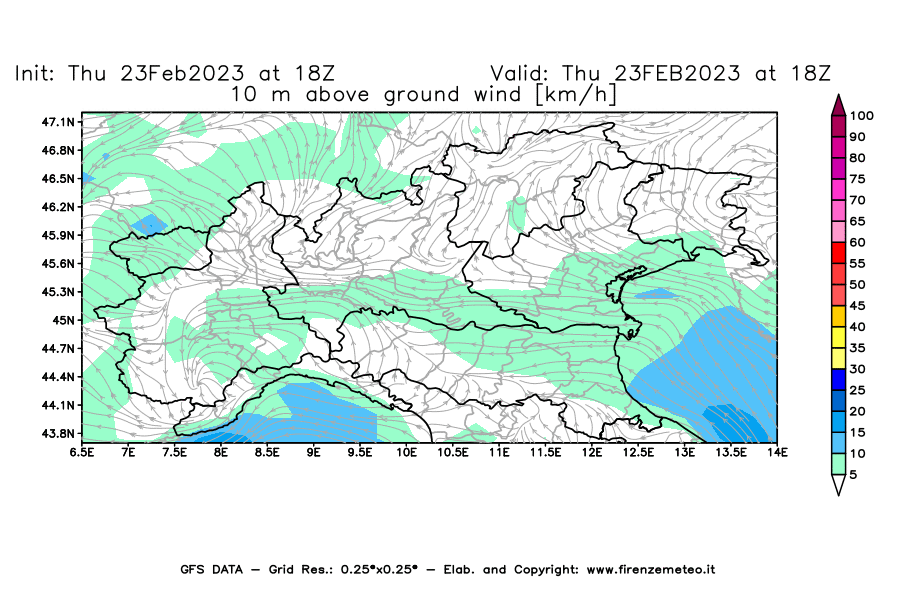 Mappa di analisi GFS - Velocità del vento a 10 metri dal suolo [km/h] in Nord-Italia
							del 23/02/2023 18 <!--googleoff: index-->UTC<!--googleon: index-->