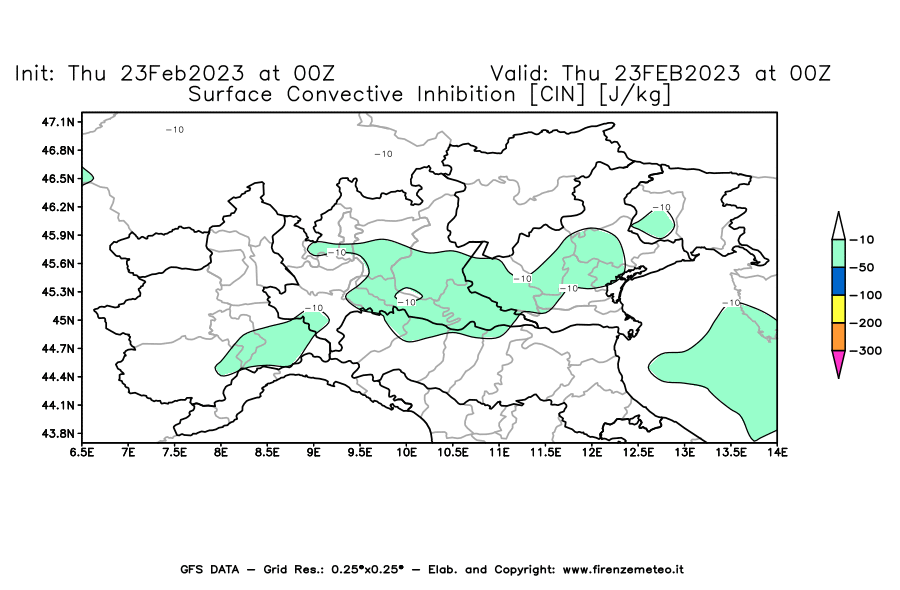 Mappa di analisi GFS - CIN [J/kg] in Nord-Italia
							del 23/02/2023 00 <!--googleoff: index-->UTC<!--googleon: index-->
