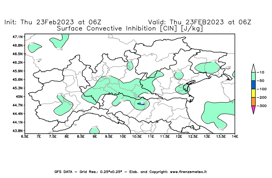 Mappa di analisi GFS - CIN [J/kg] in Nord-Italia
							del 23/02/2023 06 <!--googleoff: index-->UTC<!--googleon: index-->