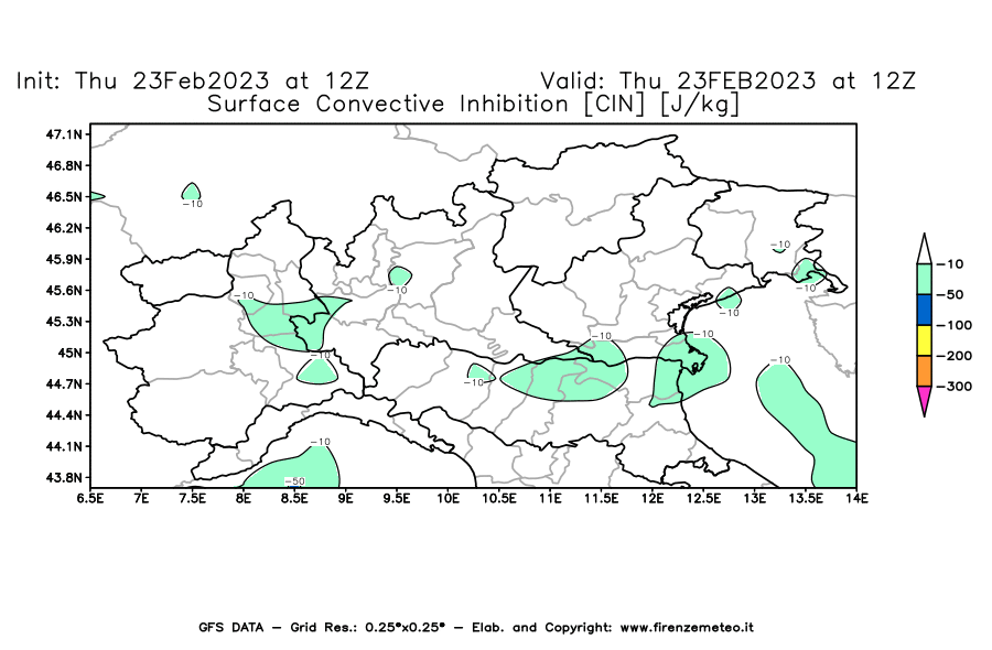 Mappa di analisi GFS - CIN [J/kg] in Nord-Italia
							del 23/02/2023 12 <!--googleoff: index-->UTC<!--googleon: index-->
