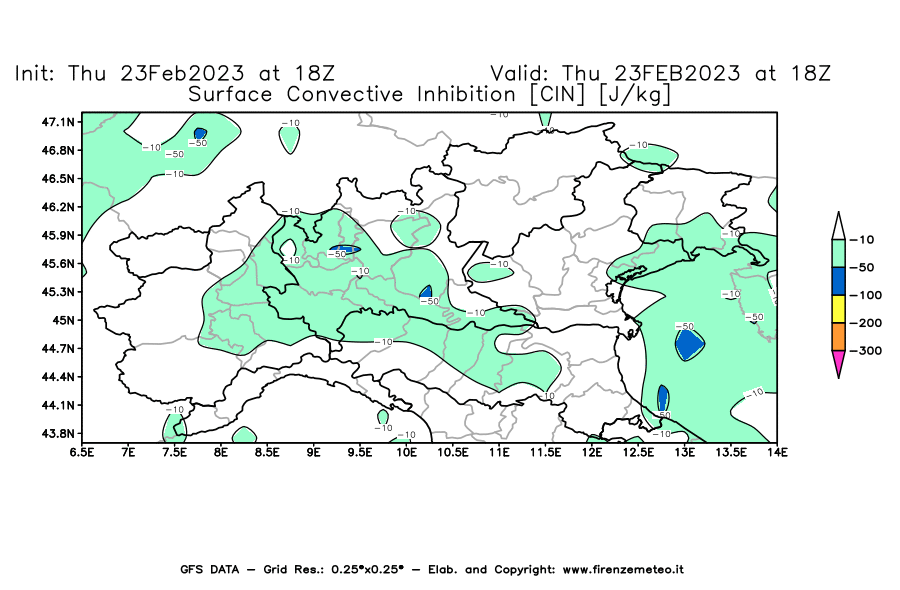Mappa di analisi GFS - CIN [J/kg] in Nord-Italia
							del 23/02/2023 18 <!--googleoff: index-->UTC<!--googleon: index-->