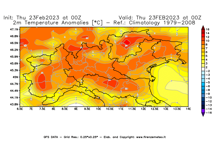 Mappa di analisi GFS - Anomalia Temperatura [°C] a 2 m in Nord-Italia
							del 23/02/2023 00 <!--googleoff: index-->UTC<!--googleon: index-->