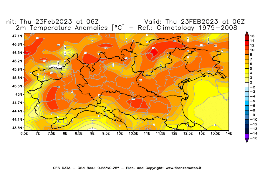 Mappa di analisi GFS - Anomalia Temperatura [°C] a 2 m in Nord-Italia
							del 23/02/2023 06 <!--googleoff: index-->UTC<!--googleon: index-->