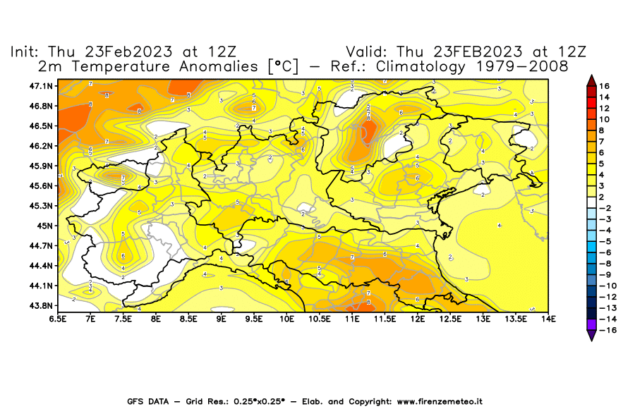 Mappa di analisi GFS - Anomalia Temperatura [°C] a 2 m in Nord-Italia
							del 23/02/2023 12 <!--googleoff: index-->UTC<!--googleon: index-->