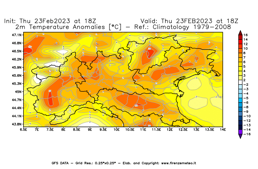 Mappa di analisi GFS - Anomalia Temperatura [°C] a 2 m in Nord-Italia
							del 23/02/2023 18 <!--googleoff: index-->UTC<!--googleon: index-->
