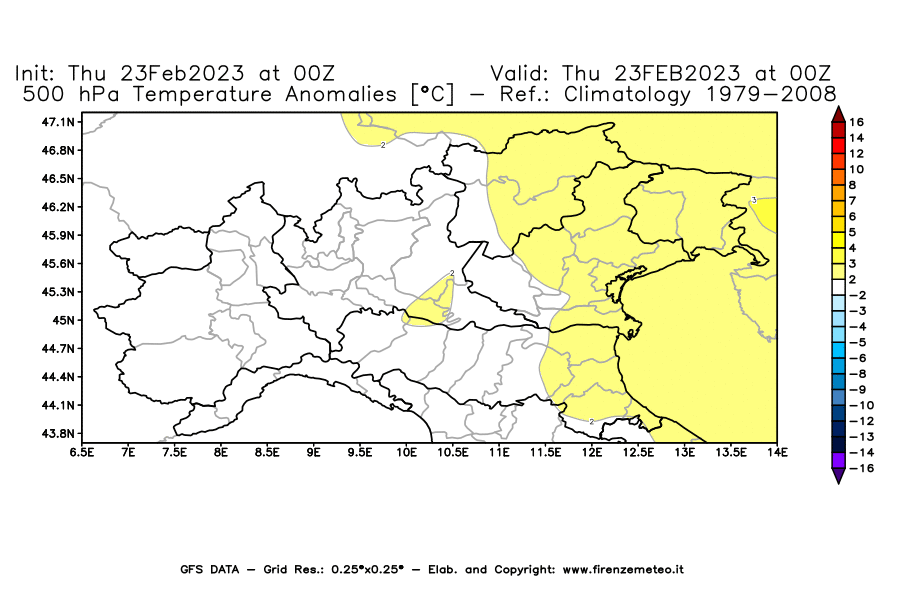 Mappa di analisi GFS - Anomalia Temperatura [°C] a 500 hPa in Nord-Italia
							del 23/02/2023 00 <!--googleoff: index-->UTC<!--googleon: index-->