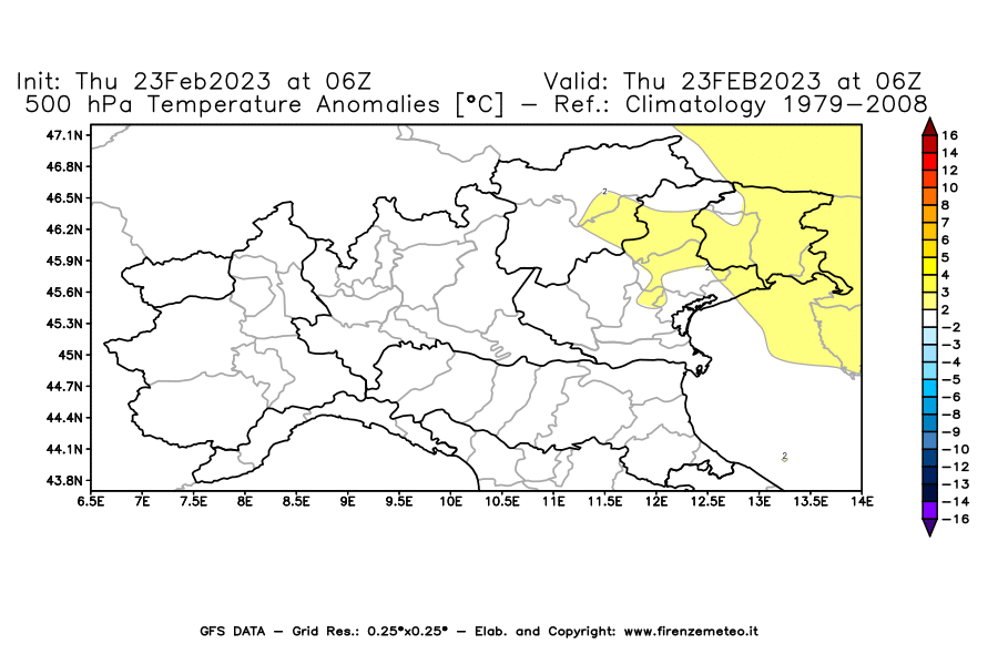 Mappa di analisi GFS - Anomalia Temperatura [°C] a 500 hPa in Nord-Italia
							del 23/02/2023 06 <!--googleoff: index-->UTC<!--googleon: index-->