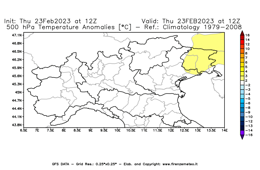 Mappa di analisi GFS - Anomalia Temperatura [°C] a 500 hPa in Nord-Italia
							del 23/02/2023 12 <!--googleoff: index-->UTC<!--googleon: index-->