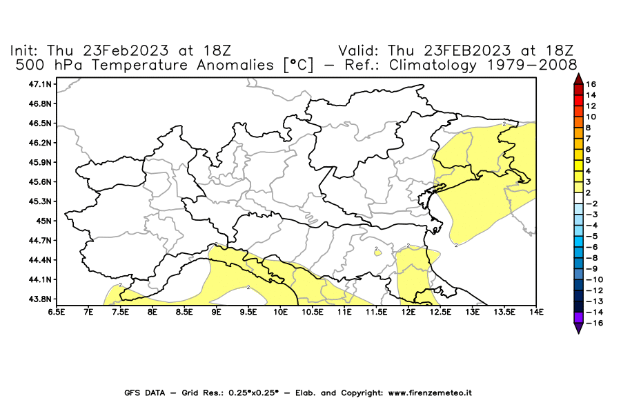 Mappa di analisi GFS - Anomalia Temperatura [°C] a 500 hPa in Nord-Italia
							del 23/02/2023 18 <!--googleoff: index-->UTC<!--googleon: index-->