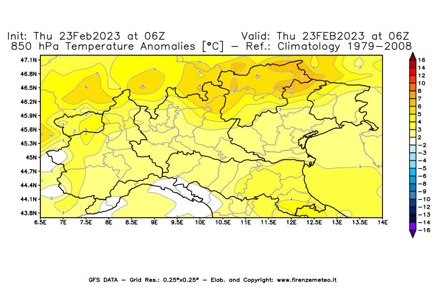 Mappa di analisi GFS - Anomalia Temperatura [°C] a 850 hPa in Nord-Italia
							del 23/02/2023 06 <!--googleoff: index-->UTC<!--googleon: index-->