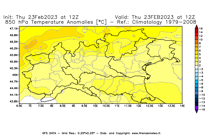 Mappa di analisi GFS - Anomalia Temperatura [°C] a 850 hPa in Nord-Italia
							del 23/02/2023 12 <!--googleoff: index-->UTC<!--googleon: index-->