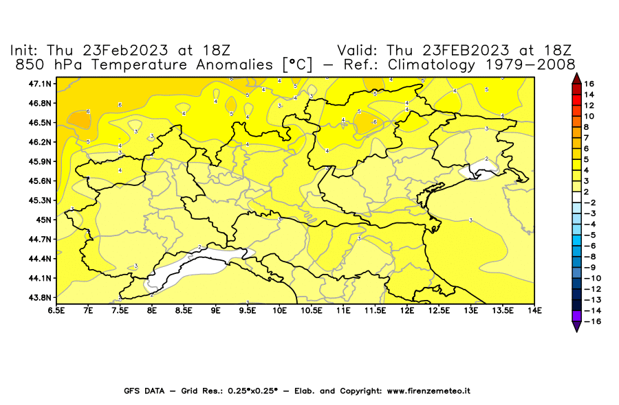 Mappa di analisi GFS - Anomalia Temperatura [°C] a 850 hPa in Nord-Italia
							del 23/02/2023 18 <!--googleoff: index-->UTC<!--googleon: index-->