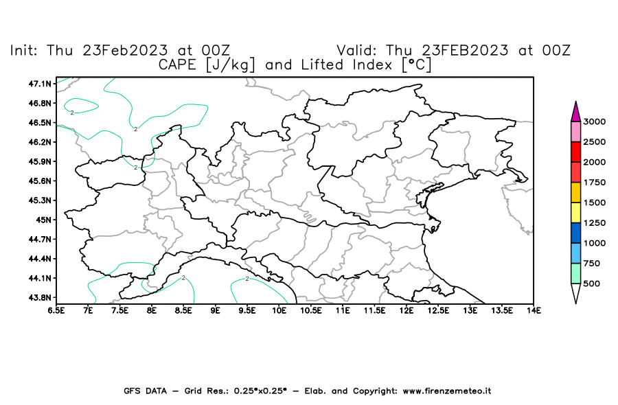 Mappa di analisi GFS - CAPE [J/kg] e Lifted Index [°C] in Nord-Italia
							del 23/02/2023 00 <!--googleoff: index-->UTC<!--googleon: index-->