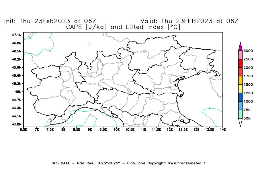 Mappa di analisi GFS - CAPE [J/kg] e Lifted Index [°C] in Nord-Italia
							del 23/02/2023 06 <!--googleoff: index-->UTC<!--googleon: index-->