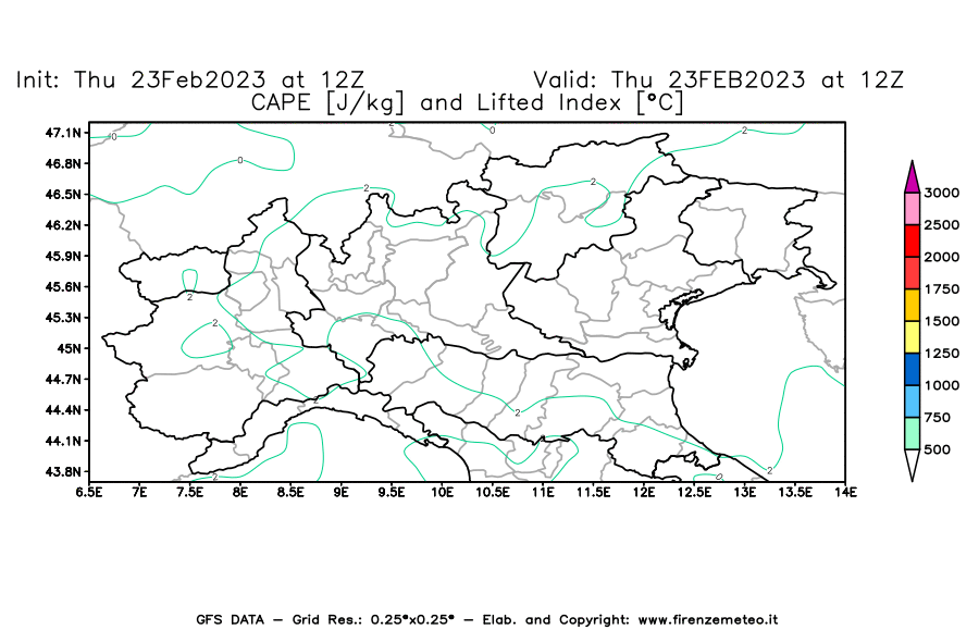 Mappa di analisi GFS - CAPE [J/kg] e Lifted Index [°C] in Nord-Italia
							del 23/02/2023 12 <!--googleoff: index-->UTC<!--googleon: index-->