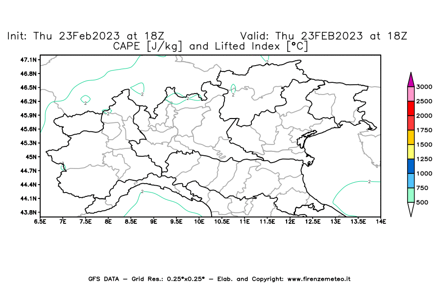 Mappa di analisi GFS - CAPE [J/kg] e Lifted Index [°C] in Nord-Italia
							del 23/02/2023 18 <!--googleoff: index-->UTC<!--googleon: index-->