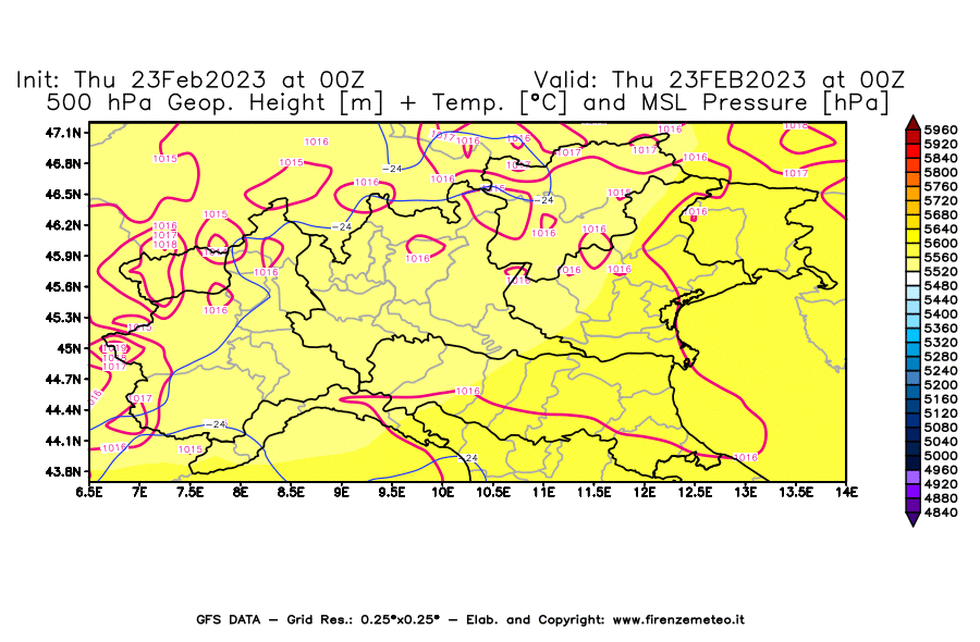 Mappa di analisi GFS - Geopotenziale [m] + Temp. [°C] a 500 hPa + Press. a livello del mare [hPa] in Nord-Italia
							del 23/02/2023 00 <!--googleoff: index-->UTC<!--googleon: index-->