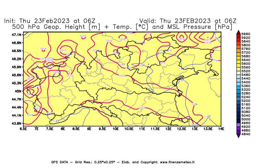Mappa di analisi GFS - Geopotenziale [m] + Temp. [°C] a 500 hPa + Press. a livello del mare [hPa] in Nord-Italia
							del 23/02/2023 06 <!--googleoff: index-->UTC<!--googleon: index-->