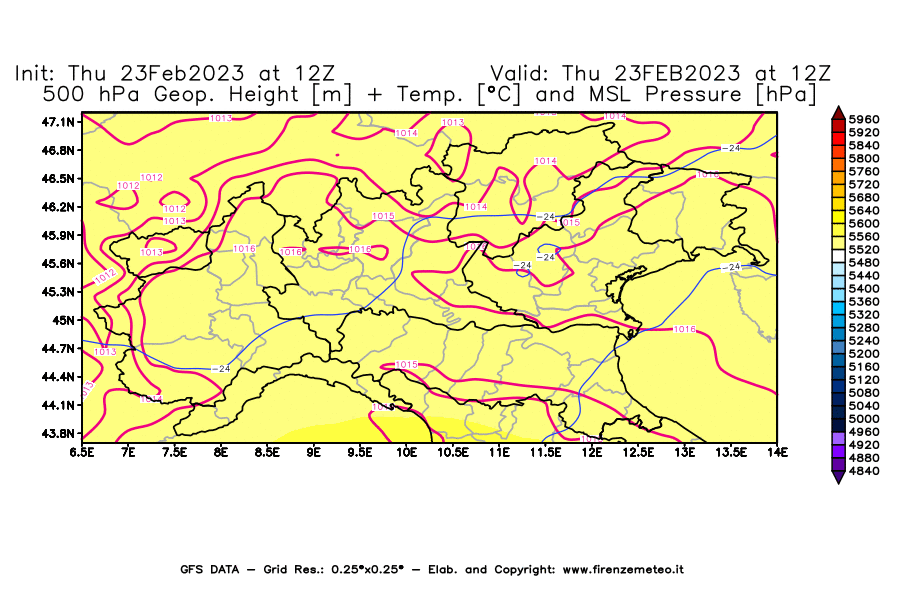Mappa di analisi GFS - Geopotenziale [m] + Temp. [°C] a 500 hPa + Press. a livello del mare [hPa] in Nord-Italia
							del 23/02/2023 12 <!--googleoff: index-->UTC<!--googleon: index-->