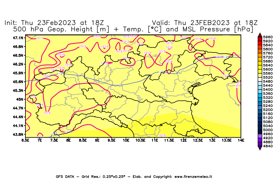 Mappa di analisi GFS - Geopotenziale [m] + Temp. [°C] a 500 hPa + Press. a livello del mare [hPa] in Nord-Italia
							del 23/02/2023 18 <!--googleoff: index-->UTC<!--googleon: index-->