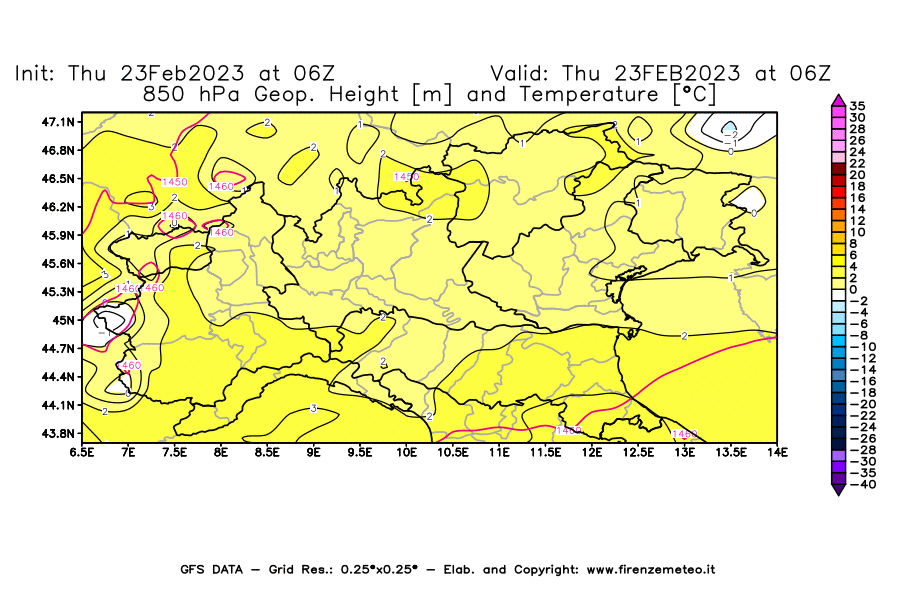 Mappa di analisi GFS - Geopotenziale [m] e Temperatura [°C] a 850 hPa in Nord-Italia
							del 23/02/2023 06 <!--googleoff: index-->UTC<!--googleon: index-->